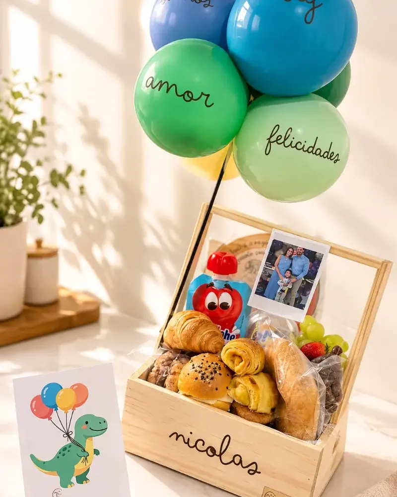 Cesta Balon Birthday Kids em madeira com balões coloridos, pães, suco e cartão de dinossauro