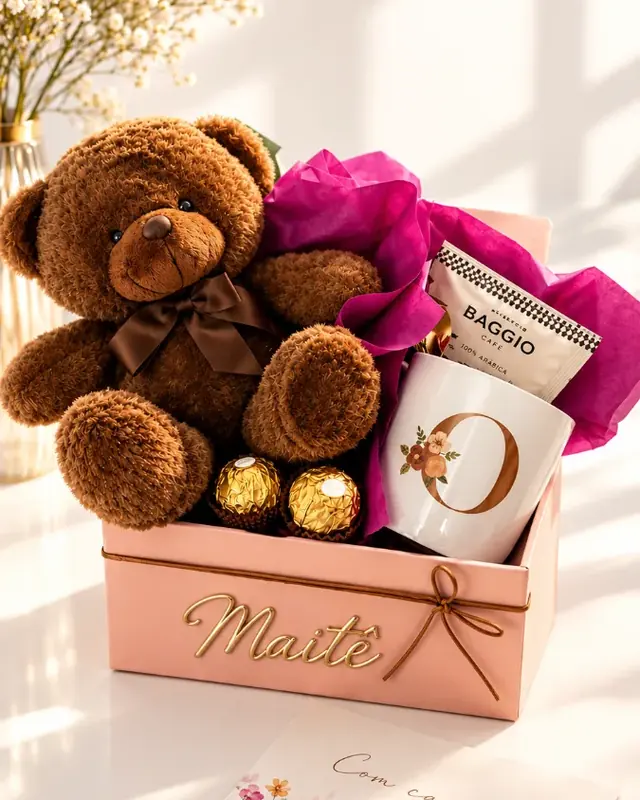 Cesta My Love em box rosa com nome em relevo, urso de pelúcia, caneca com inicial, chocolates e cartão com flores