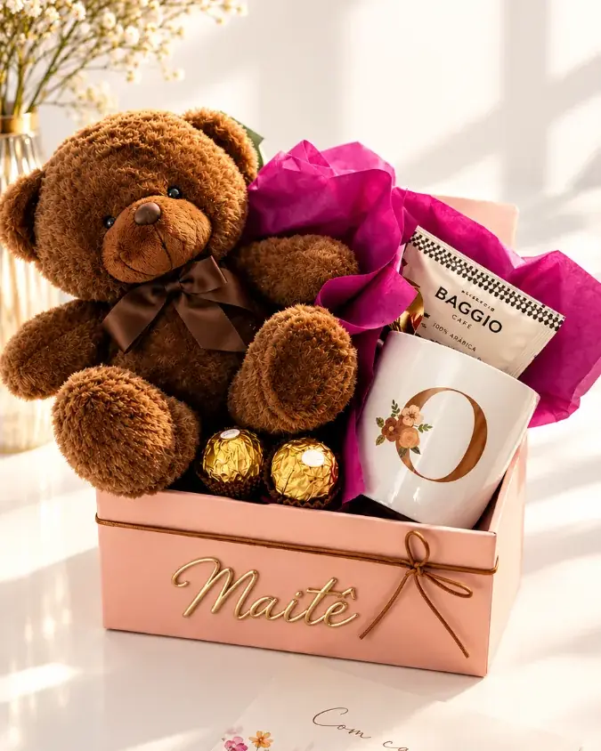 Cesta My Love em box rosa com nome em relevo, urso de pelúcia, caneca com inicial, chocolates e cartão com flores