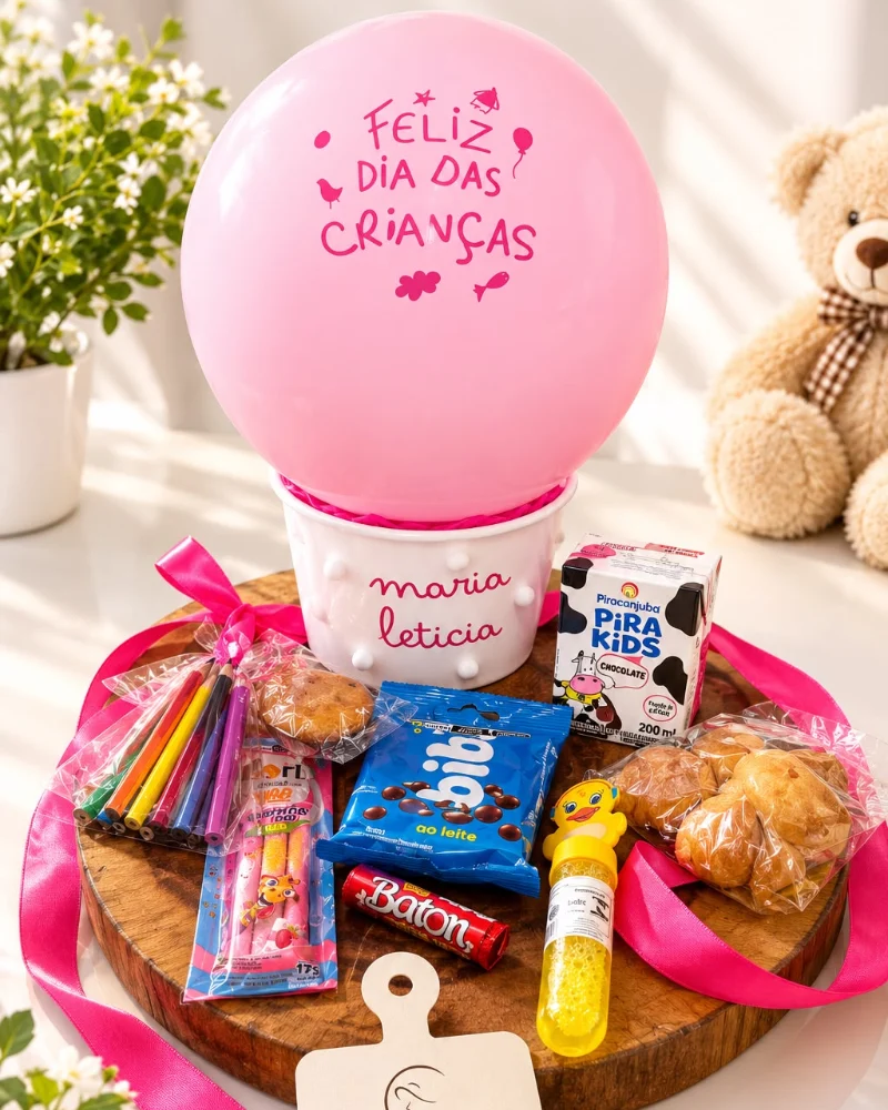 Cesta de café da manhã infantil Happy Kids com balão rosa, doces, chocolates e itens variados para presente
